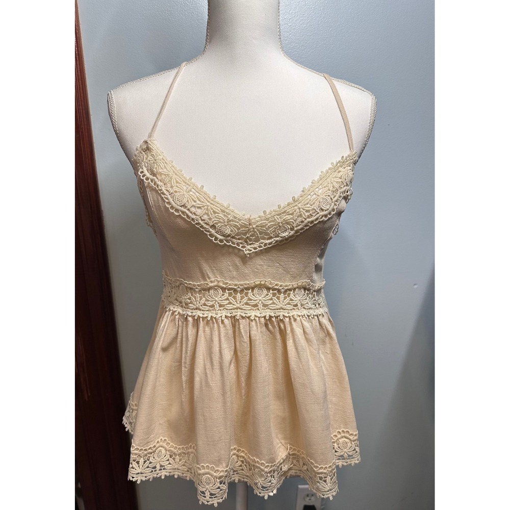 SHEIN Bohemela Beige Linen Blend Crochet Lace Halter Boho fairy Top Small